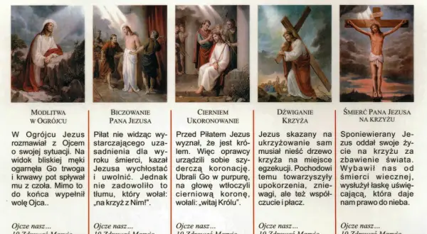 Różaniec tajemnica bolesna: modlitwa w Ogrójcu, biczowanie, cierniem ukoronowanie, dźwiganie krzyża, śmierć na krzyżu.