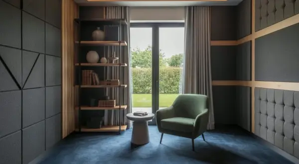 Pannelli fonoassorbenti su pareti e soffitto, poltrona verde, libreria e tappeto blu creano un ambiente ideale per capire come insonorizzare una stanza.