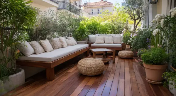 Terrasse en bois avec mobilier confortable, parfaite pour une rénovation extérieure maison. Plantes luxuriantes et vue sur les toits.