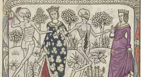 Taniec śmierci, motyw danse macabre w literaturze, ukazuje szkielety wiodące do tańca królową i damę.