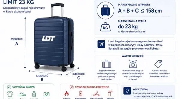 Limit bagażu rejestrowanego LOT to 23 kg. Sprawdź wymiary i zawartość walizki przed podróżą, by uniknąć opłat.