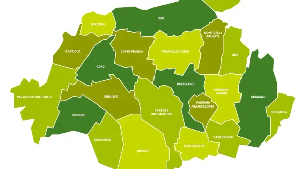 Mappa dei comuni della Franciacorta, dove si trova questa rinomata zona vinicola.