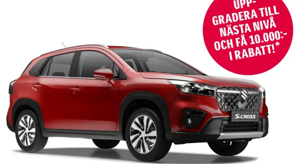 Röd Suzuki S-Cross redo för en suzuki s-cross test. Erbjudande om uppgradering med 10.000 kr rabatt.