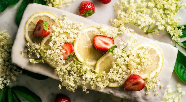 Zarte Holunderblüten, Zitronenscheiben und Erdbeeren zieren ein Gericht, das an einen sommerlichen Holunderkuchen erinnert.