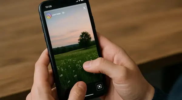 Widac jak ktos zrobi screenshot wyroznionej relacji na Instagramie. Na ekranie telefonu widok na zielone pole z kwiatami i drzewem w oddali.