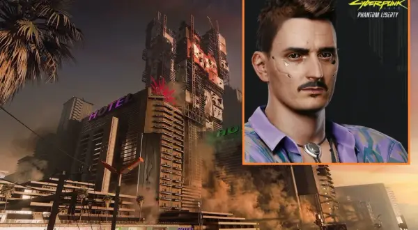 Dawid Podsiadło w stylu cyberpunk, na tle futurystycznego miasta z neonowym hotelem.
