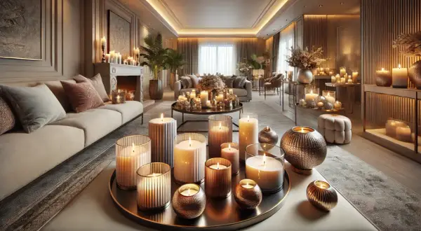 Elegancki salon pełen świec. Wiele białych i kremowych świec tworzy przytulną atmosferę. Czerwona świeca znaczenie to pasja i miłość, a tutaj dominują inne barwy.