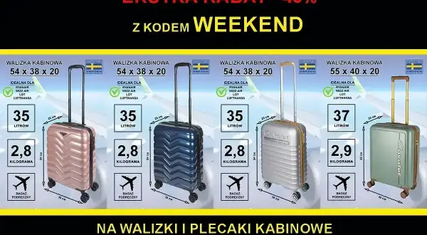 Walizki kabinowe idealne dla Ryanair, Wizz Air, LOT. Wymiary Ryanair 54x38x20 cm, 35 litrów, 2,8 kg.