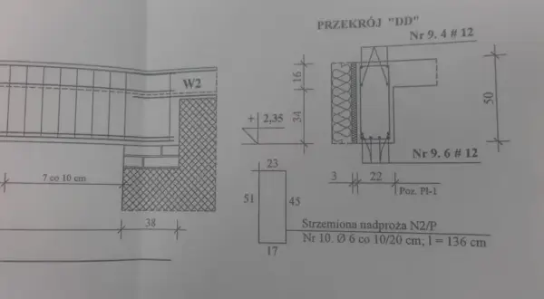 Rysunek techniczny przedstawia zbrojenie nadproża, detale konstrukcyjne i przekroje.