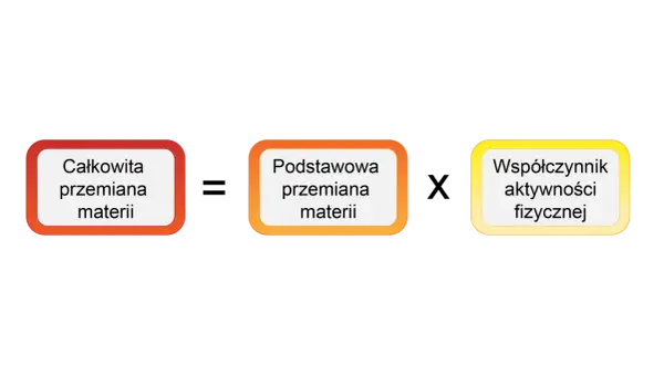 Diagram przedstawia: Całkowita przemiana materii, Podstawowa przemiana materii, Współczynnik aktywności fizycznej. To wyjaśnia, cpm co to.