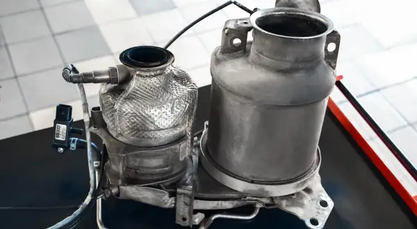 Dwa elementy układu wydechowego Renault, jeden z osłoną termiczną. Zastanawiasz się, ile gram sadzy w DPF Renault?