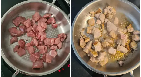 Rohes und angebratenes Schweinefleisch in einer Pfanne. Die Zubereitung für ein leckeres Schweinegulasch Rezept beginnt.