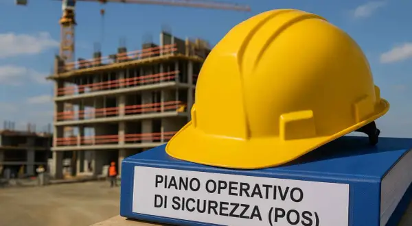 Elmetto giallo su un faldone con scritto "PIANO OPERATIVO DI SICUREZZA (POS)" in un cantiere edile in costruzione.