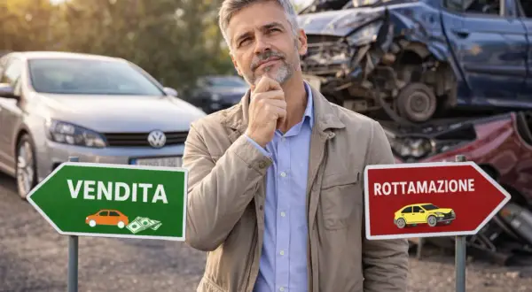 Uomo pensieroso davanti a segnali di "Vendita" e "Rottamazione", con auto rottamate sullo sfondo. Valuta se rivendere auto acquistata con incentivi.