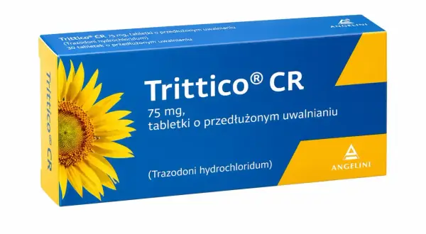 Opakowanie leku Trittico CR 75 mg, stosowanego na bezsenność i depresję, z motywem słonecznika.