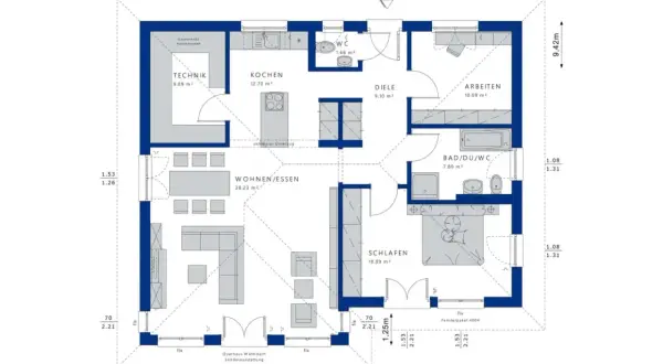 Grundriss Haus 100 qm 2 Etagen: Wohnen/Essen (38m²), Kochen (12m²), Schlafen (18m²), Arbeiten (10m²), Bad, WC, Technik.