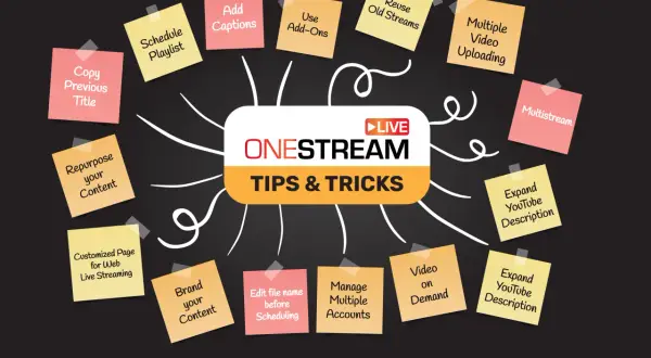 Mind map with sticky notes detailing OneStream tips for streaming: schedule, captions, repurpose content, multistream, and more.