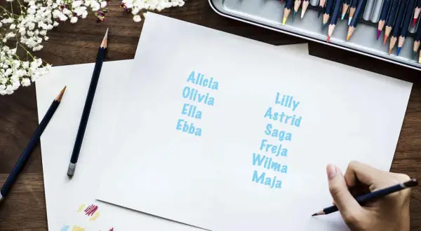 En hand skriver namn på flickor som Alicia, Olivia, Ella, Ebba, Lilly, Astrid, Saga, Freja, Wilma och Maja.