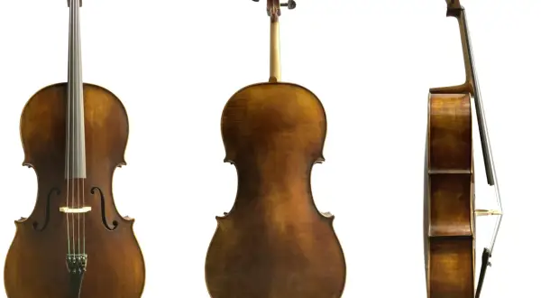 Drei Ansichten eines wunderschönen, braunen Violoncello-Instruments.