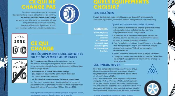Panneau signalant l'obligation de chaînes ou pneus hiver en montagne, une mesure de la loi montagne.