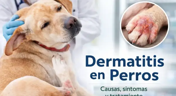 Veterinario examina a un perro con dermatitis, mostrando sus patas irritadas. Información sobre causas, síntomas y tratamiento de picores en perros.