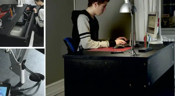 Ung kille bygger eget skrivbord med smart kabelhantering. Praktiskt och snyggt!