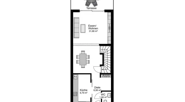 Grundriss eines schmalen Doppelhauses (6m breit) mit Küche, Diele, WC, Ess-/Wohnbereich und Terrasse.