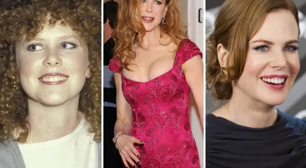 Nicole Kidman jung mit lockigen Haaren, dann in einem pinken Kleid und schließlich mit hochgesteckten Haaren.