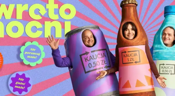 Ludzie w kostiumach opakowań zwrotnych zachęcają do oddawania ich do sklepu. Kaucja na paragonie to zwrot!