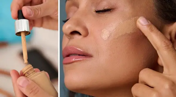 Bielenda Skin Perfection: aplikacja podkładu z pipetką i rozprowadzanie go palcem na twarzy dla idealnego krycia.