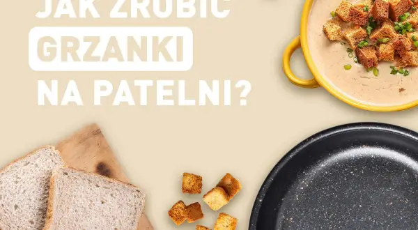 Kromki chleba, grzanki, miska zupy i patelnia.