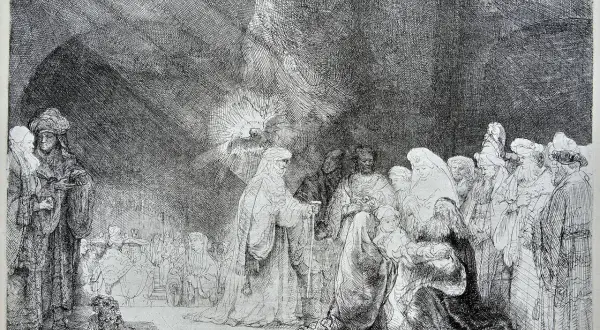 Rembrandt Zeichnungen: Eine Szene mit vielen Figuren, die sich um eine kniende Frau und ein Kind versammeln. Ein Lichtstrahl fällt von oben herab.