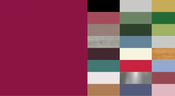 Tabelle abbinamento colori bordeaux: campioni cromatici che spaziano dal nero al rosa tenue, passando per verdi, grigi e legni.