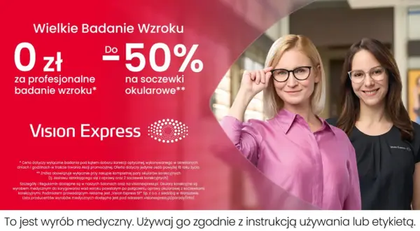 Dwie kobiety w okularach, reklama Vision Express z promocją na badanie wzroku i soczewki.