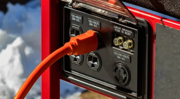 Pomarańczowy kabel podłączony do skrzynki elektrycznej z gniazdami 120V i 240V.