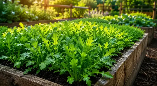 Un orto rialzato pieno di giovani piantine di lattuga, illuminate dalla luce dorata del sole. La semina lattuga è appena iniziata.
