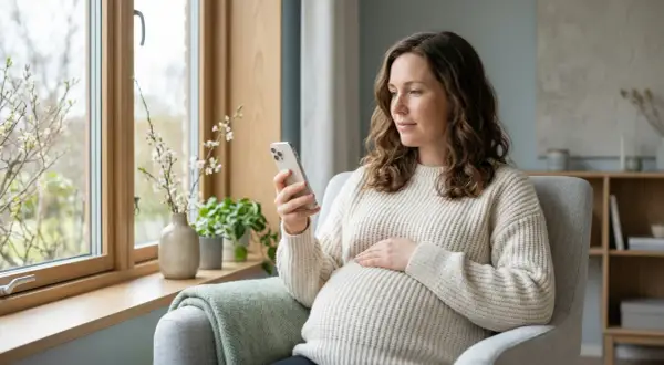 Gravid kvinna med synbortfall sitter i en fåtölj och tittar på sin mobiltelefon.
