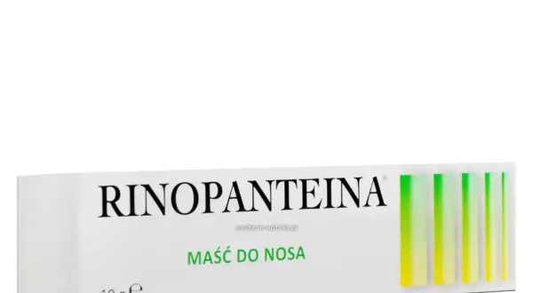 Opakowanie maści do nosa Rinopanteina, 10 g. Pomaga przy suchości i podrażnieniach nosa.