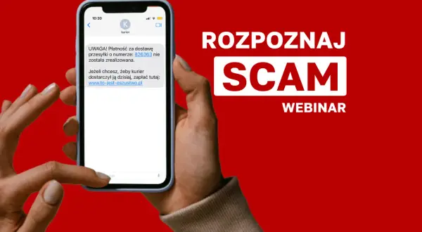 Rozpoznaj scam! Na ekranie telefonu wiadomość o rzekomej niedopłacie za przesyłkę i link do zapłaty.
