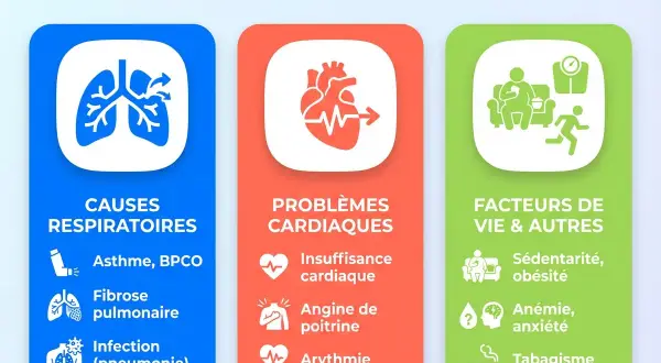Essoufflé au moindre effort : causes respiratoires (asthme, infection), cardiaques (insuffisance, angine) et facteurs de vie (obésité, anxiété, tabagisme).