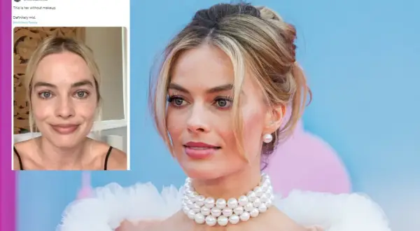 Margot Robbie bez makijażu na zdjęciu z Twittera, obok jej wizerunku z wydarzenia.
