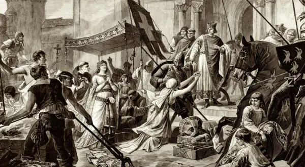 Szene eines geistlichen Gerichts im Mittelalter: König, Königin, Geistliche und Ritter versammeln sich vor einer Kathedrale.