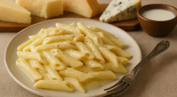 Penne w kremowym sosie serowym, posypane pieprzem. W tle kawałki parmezanu i sera pleśniowego. Idealny sos serowy do makaronu.