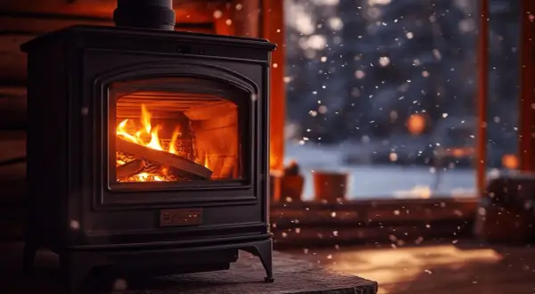 Poêle à bois crépitant, diffusant une douce chaleur. La ventilation assure une bonne circulation de l'air chaud, créant une ambiance cosy face à la neige qui tombe.