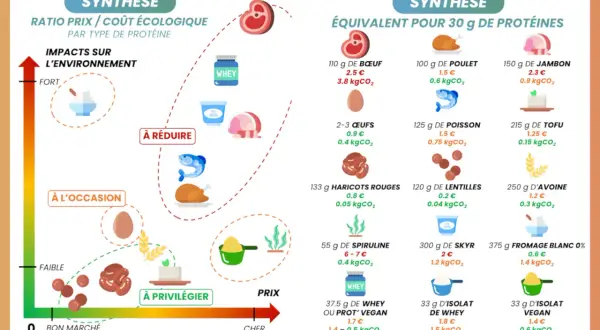 Graphique comparant le coût écologique des aliments avec le plus de protéines. Le tofu et les lentilles sont les plus avantageux.