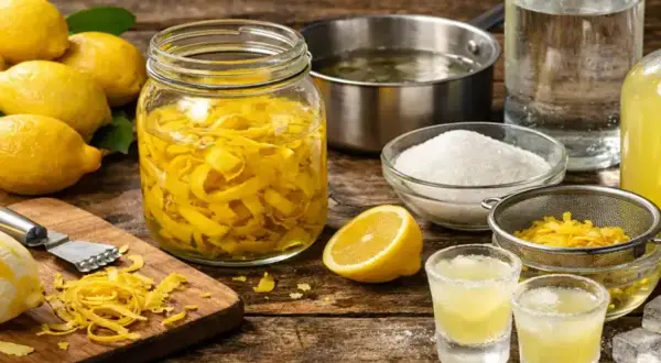 Préparation de la recette limoncello : citrons, écorces macérant dans un bocal, sucre, alcool et verres prêts à déguster.