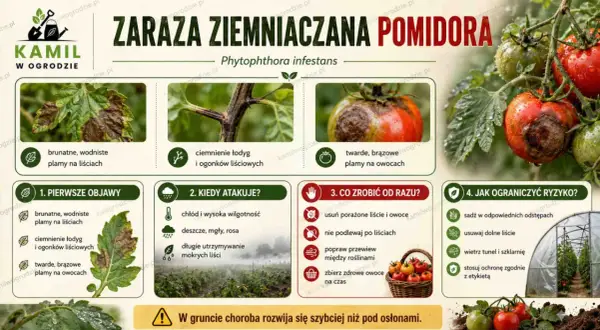Zaraza ziemniaczana na pomidorach: brązowe plamy na liściach i owocach, ciemne łodygi. Objawy, kiedy atakuje, co robić i jak ograniczyć ryzyko.