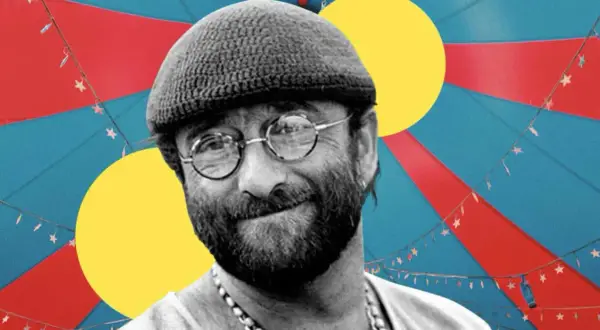 Ritratto di Lucio Dalla con cappello e occhiali, su sfondo colorato con stelle filanti. Testi lucio dalla cosa sarà.