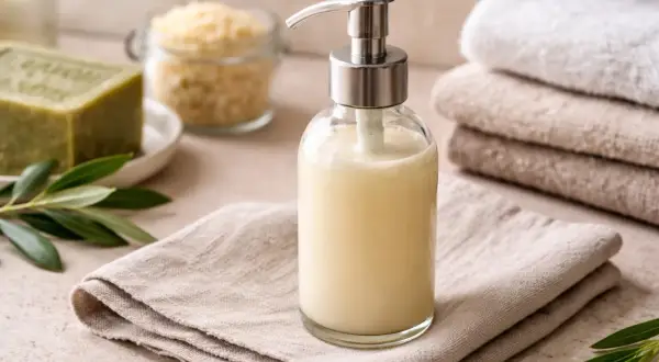 Sapone di Marsiglia liquido in dispenser, ideale per pulire casa con ingredienti naturali. Accanto, una saponetta verde e soffici asciugamani.