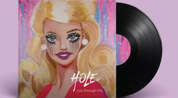Diseño de portadas de discos: retrato de muñeca con maquillaje corrido y labios brillantes, junto a un vinilo negro.